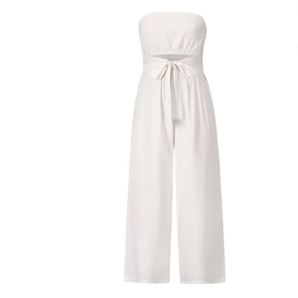 Boho Strapless Cut Out Tube Top Romper Casual Belted Wide Leg Jumpsuit - Picture 2 of 16